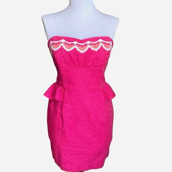 LILLY PULITZER Maybell Bustier Mini Dress Size‎ 2 Pink Strapless Peplum Resort - Picture 4 of 13